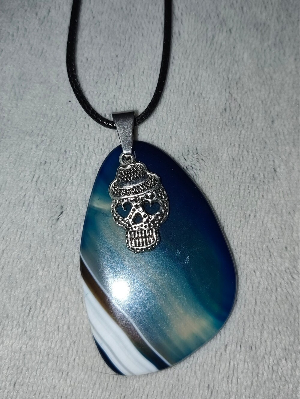 Blue Agate Pendant Necklace with Silver Skull Charm - Handmade Jewelry